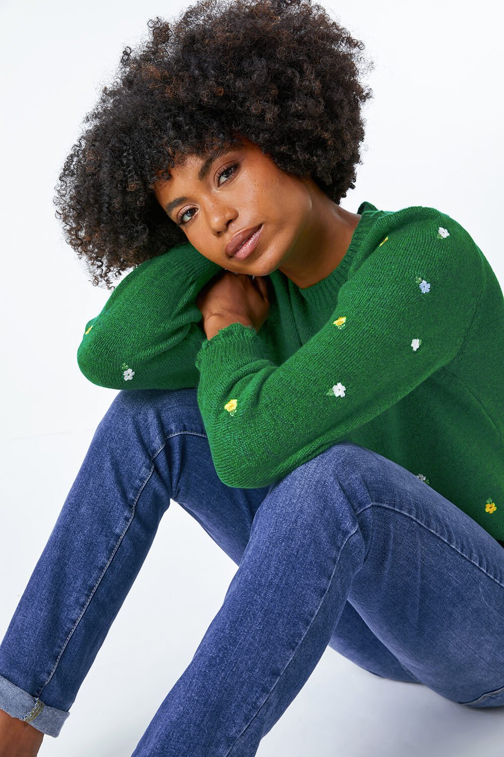 Green Floral Embroidered Scallop Hem Jumper