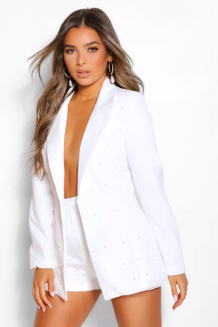 Petite Pearl Detail Blazer Off White