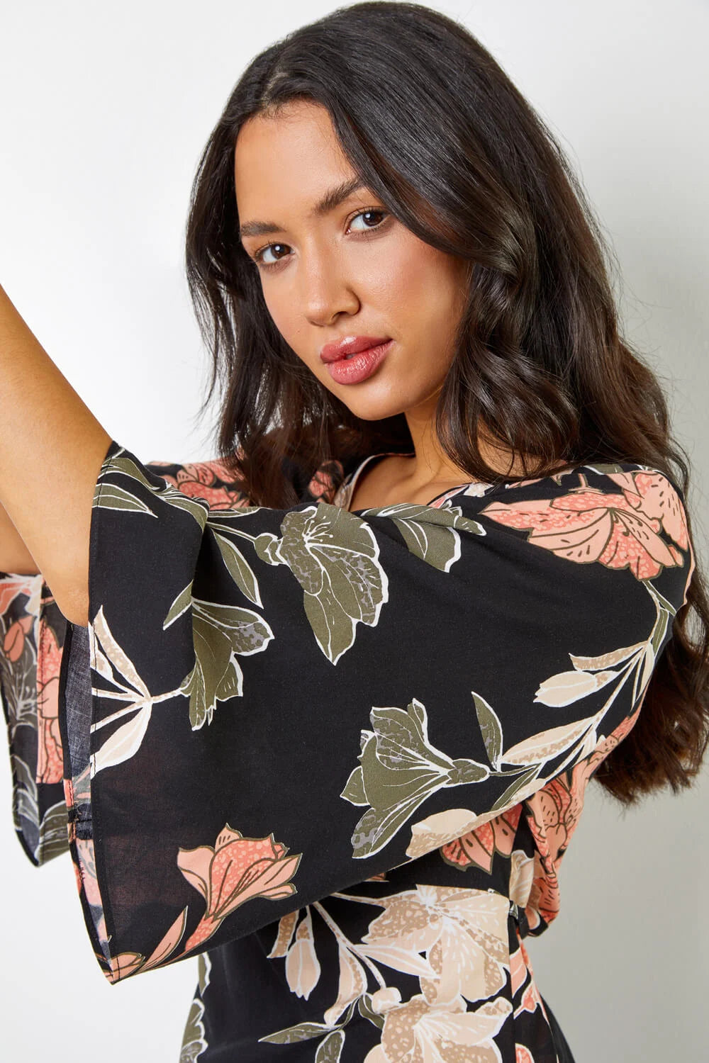 Black Tropical Print V-Neck Ruched Tunic Top