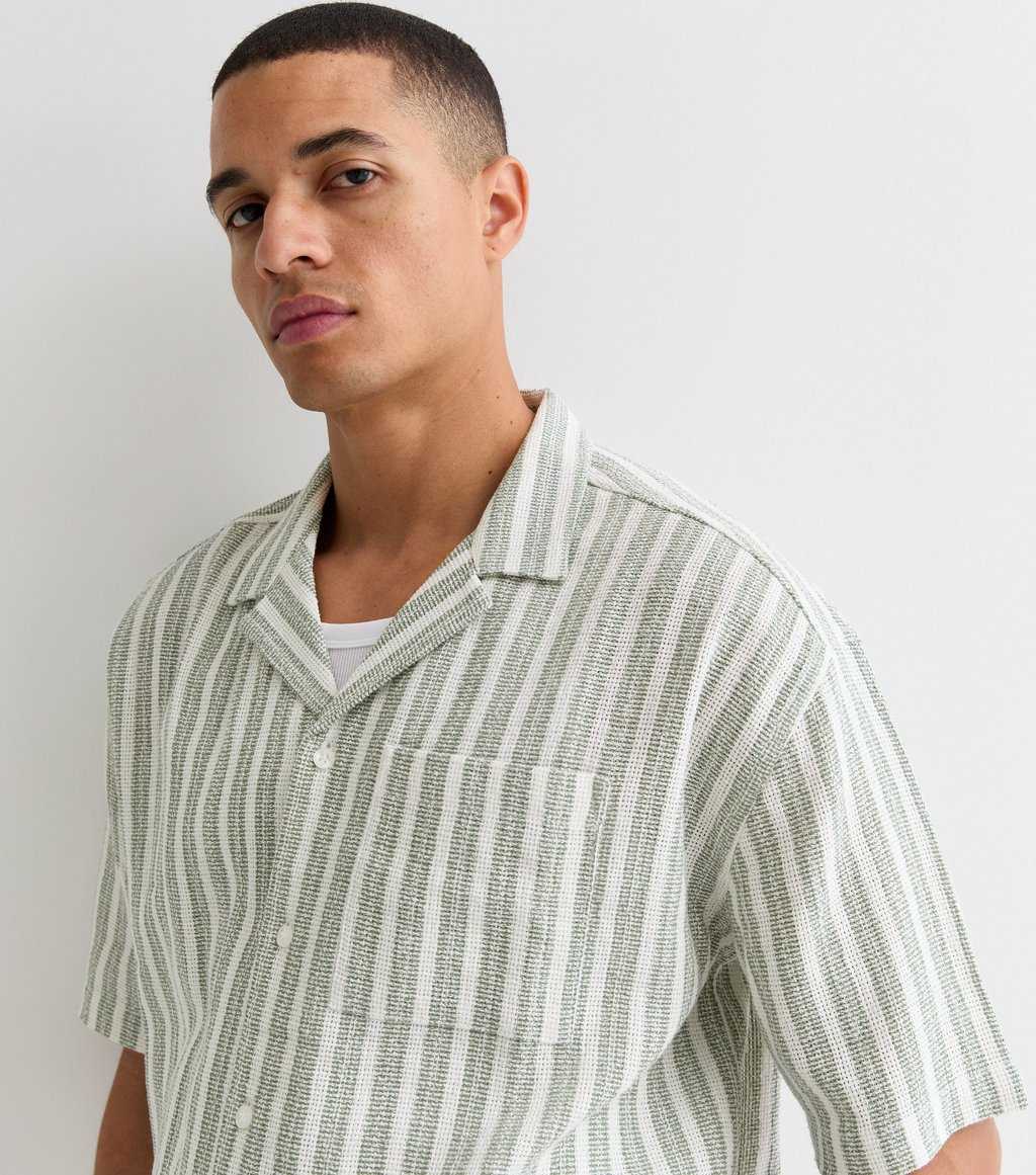 Green Stripe Textured Cotton Short Sleeve Shirt