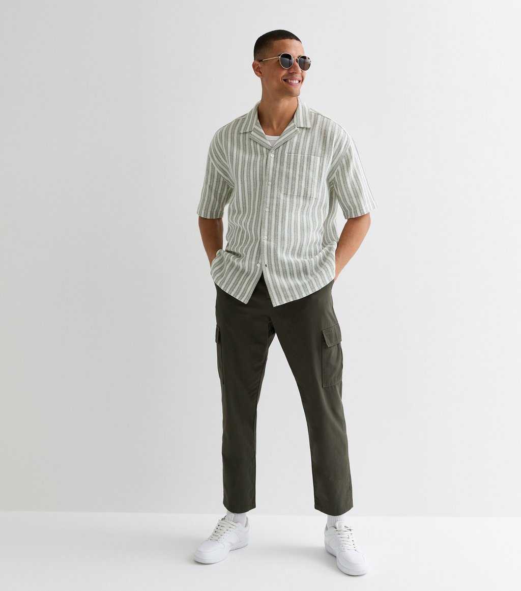 Green Stripe Textured Cotton Short Sleeve Shirt