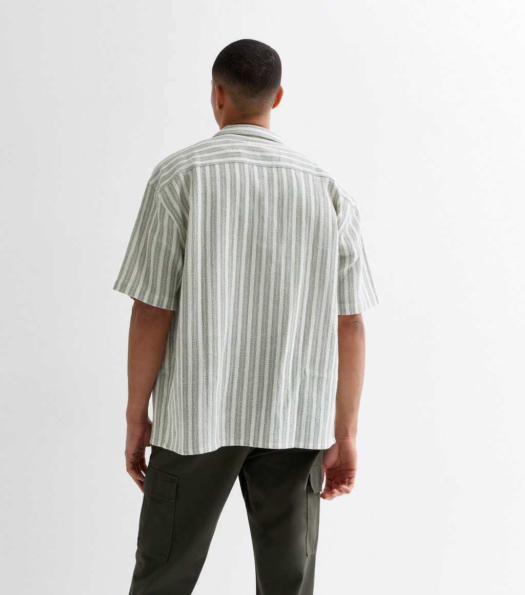Green Stripe Textured Cotton Short Sleeve Shirt