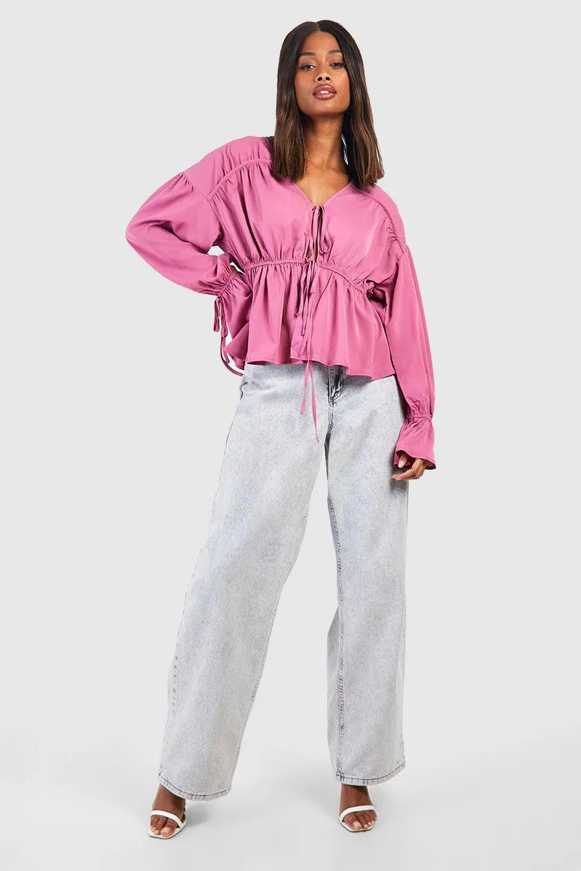 Tie Front Frill Sleeve Blouse Dusty Pink