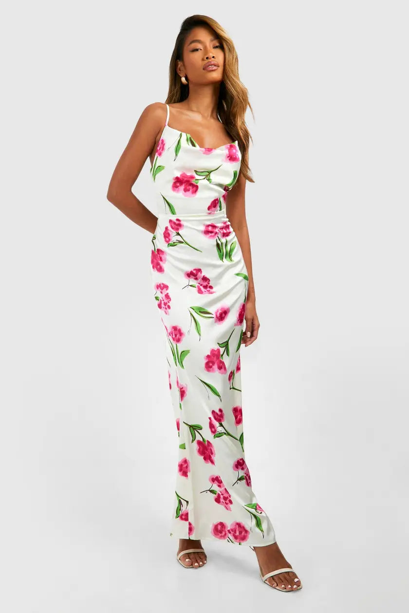 Floral Satin Midi Cowl Slip Dress
