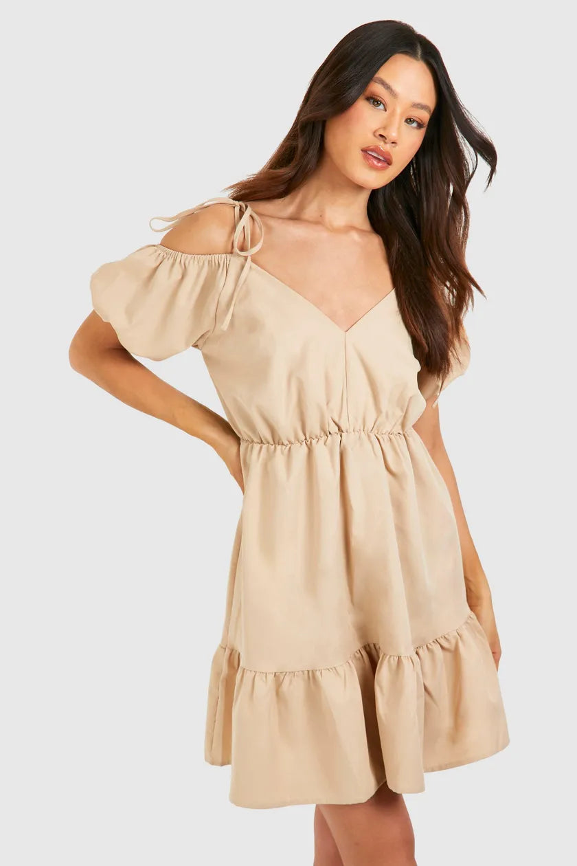 Tall Woven V Neck Tiered Smock Dress
