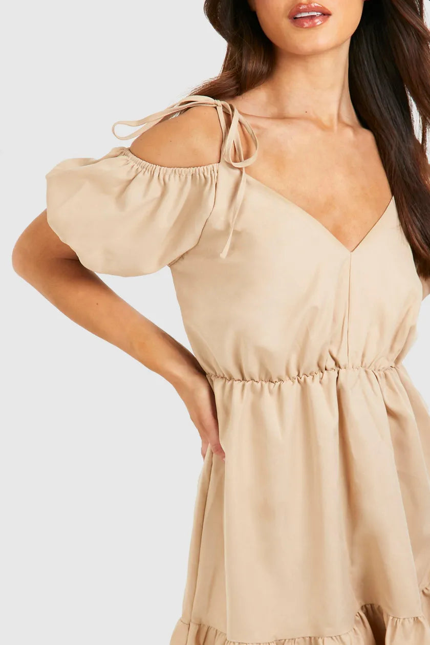 Tall Woven V Neck Tiered Smock Dress