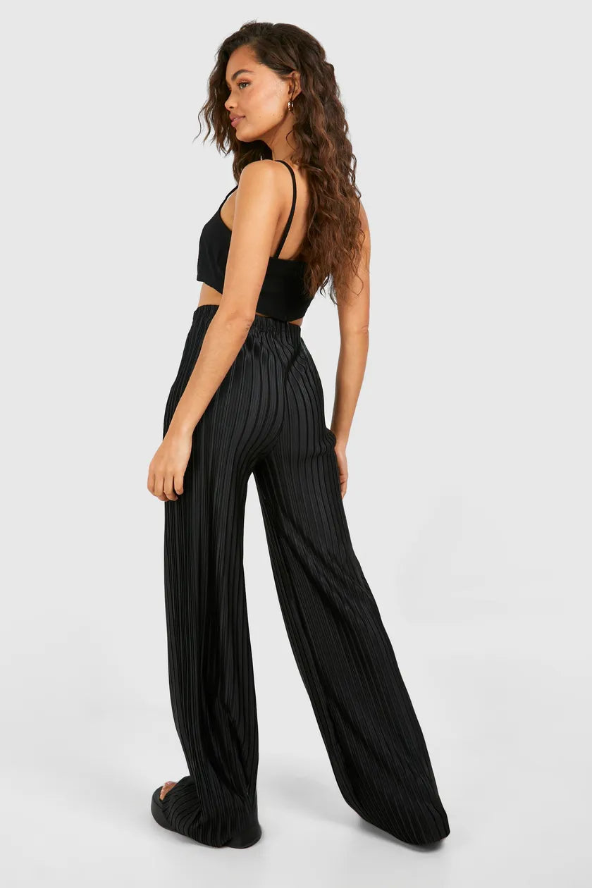 Stripe Plisse Straight Leg Trouser Black