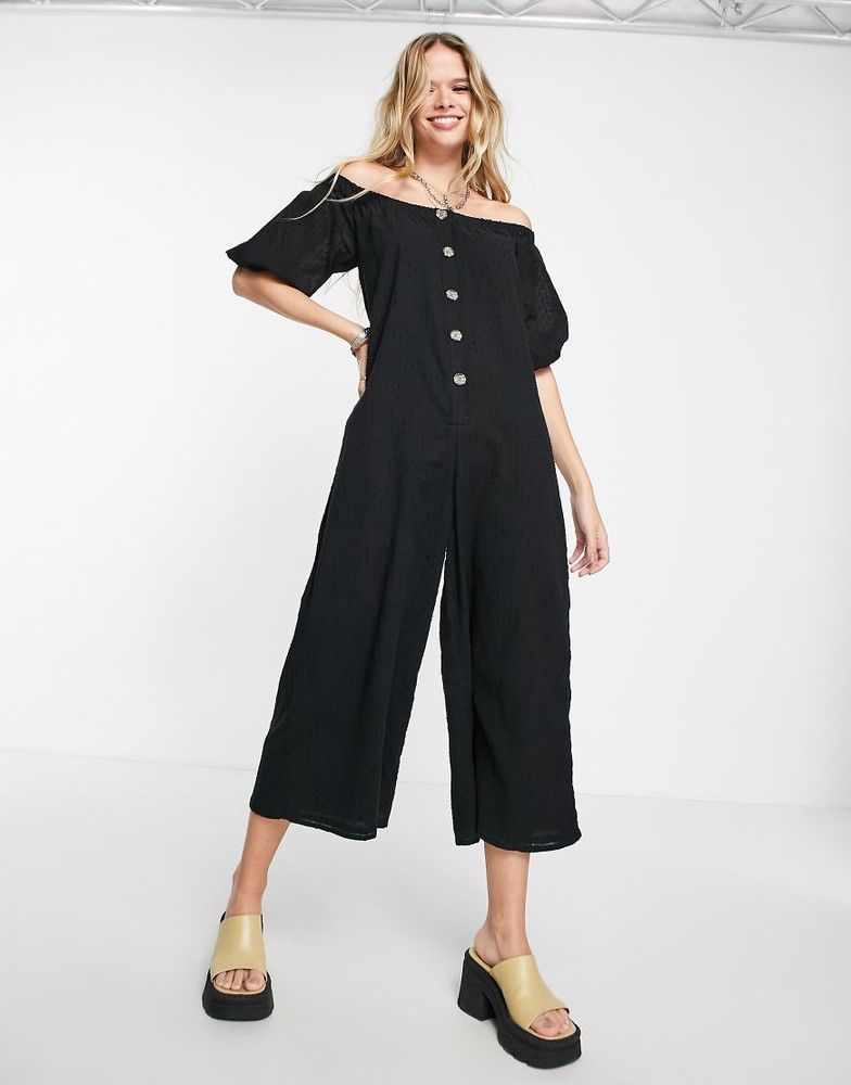Off Shoulder Button Front Dobby Jumpsuit