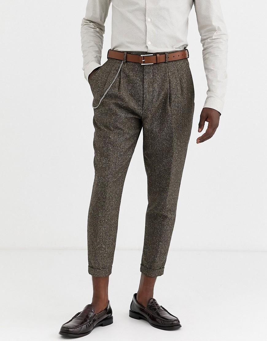 Tall tapered fit cropped suit trousers in herringbone