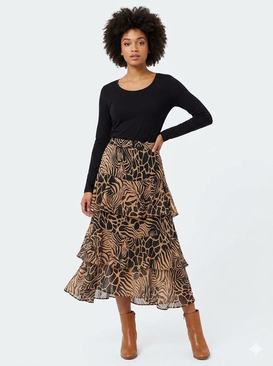 Multi-Tiered Animal Print Maxi Skirt