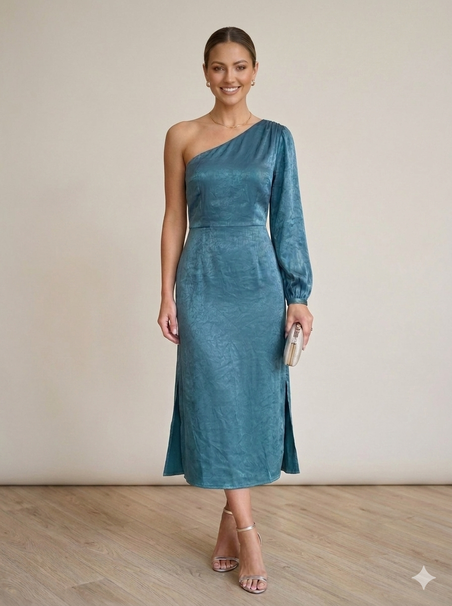 One Shoulder Crinked Satin Midi Dress