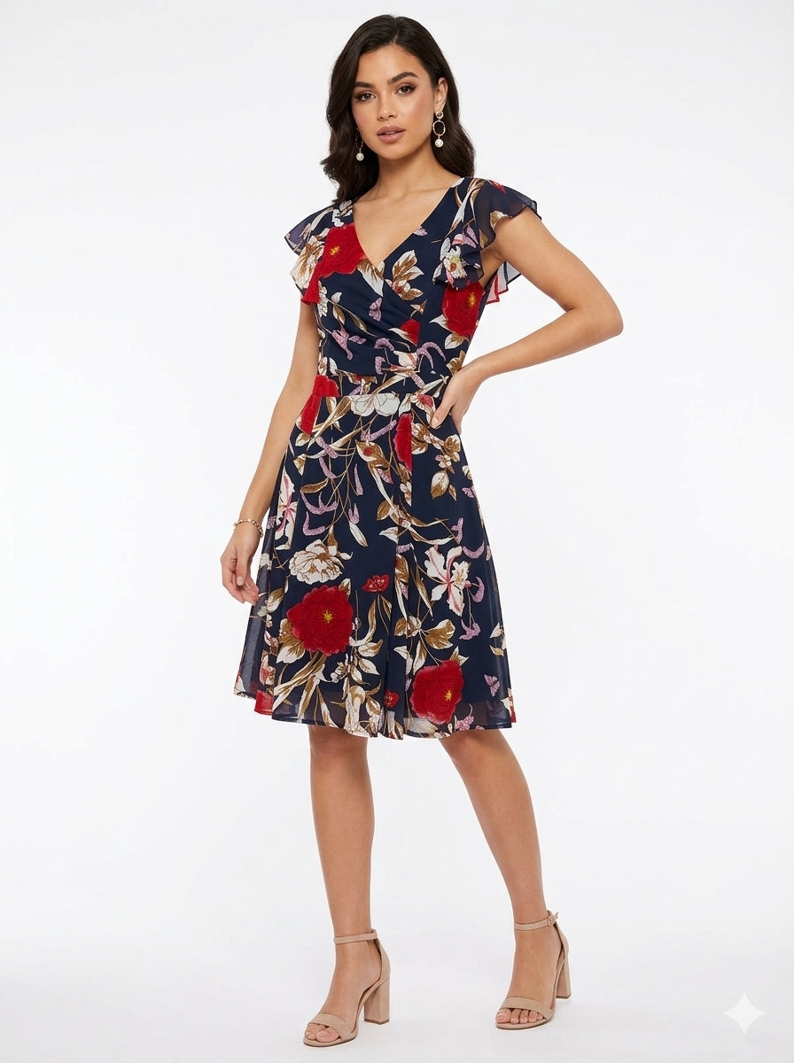 Navy Floral Frill Wrap Midi Dress