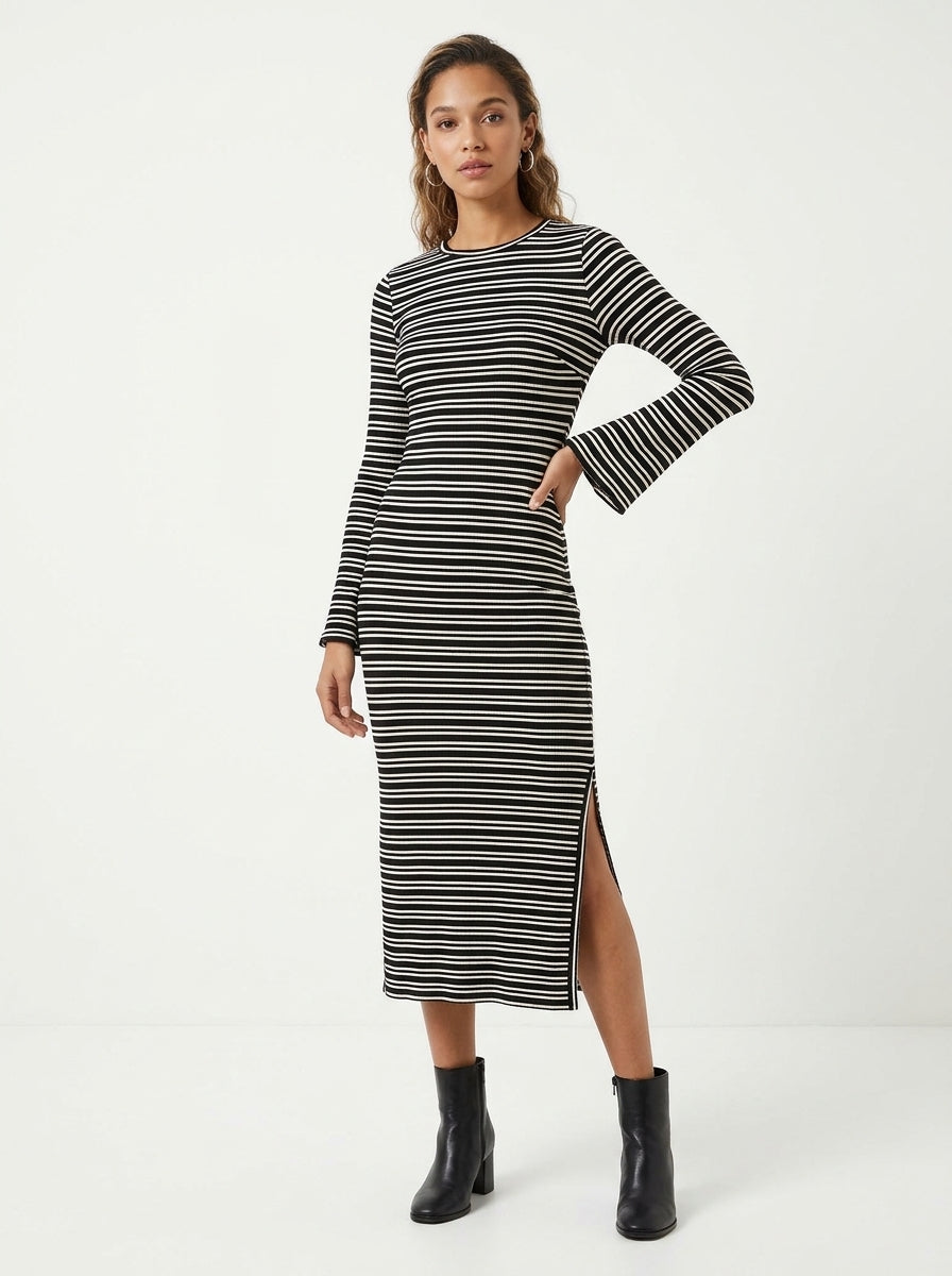 Black & White Striped Ribbed Knit Maxi Dress