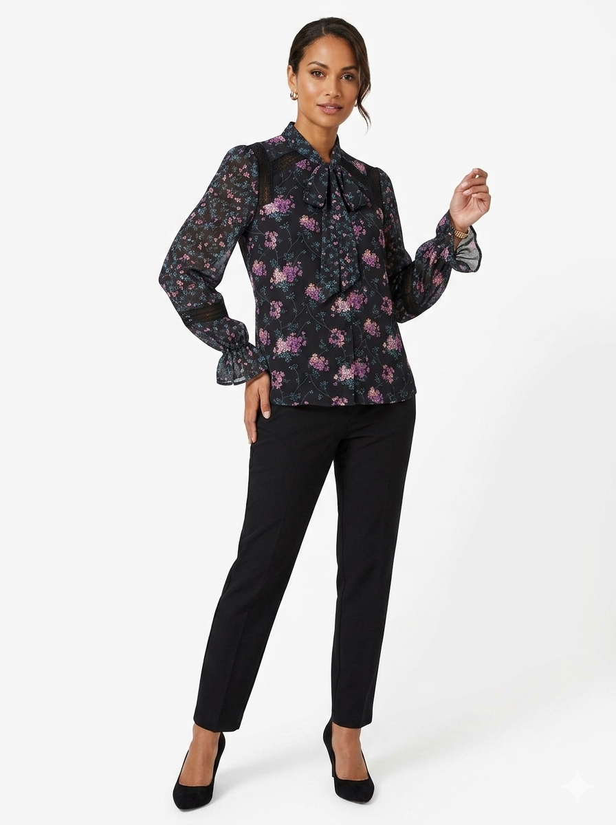 Black Floral Tie Front Long Sleeve Blouse