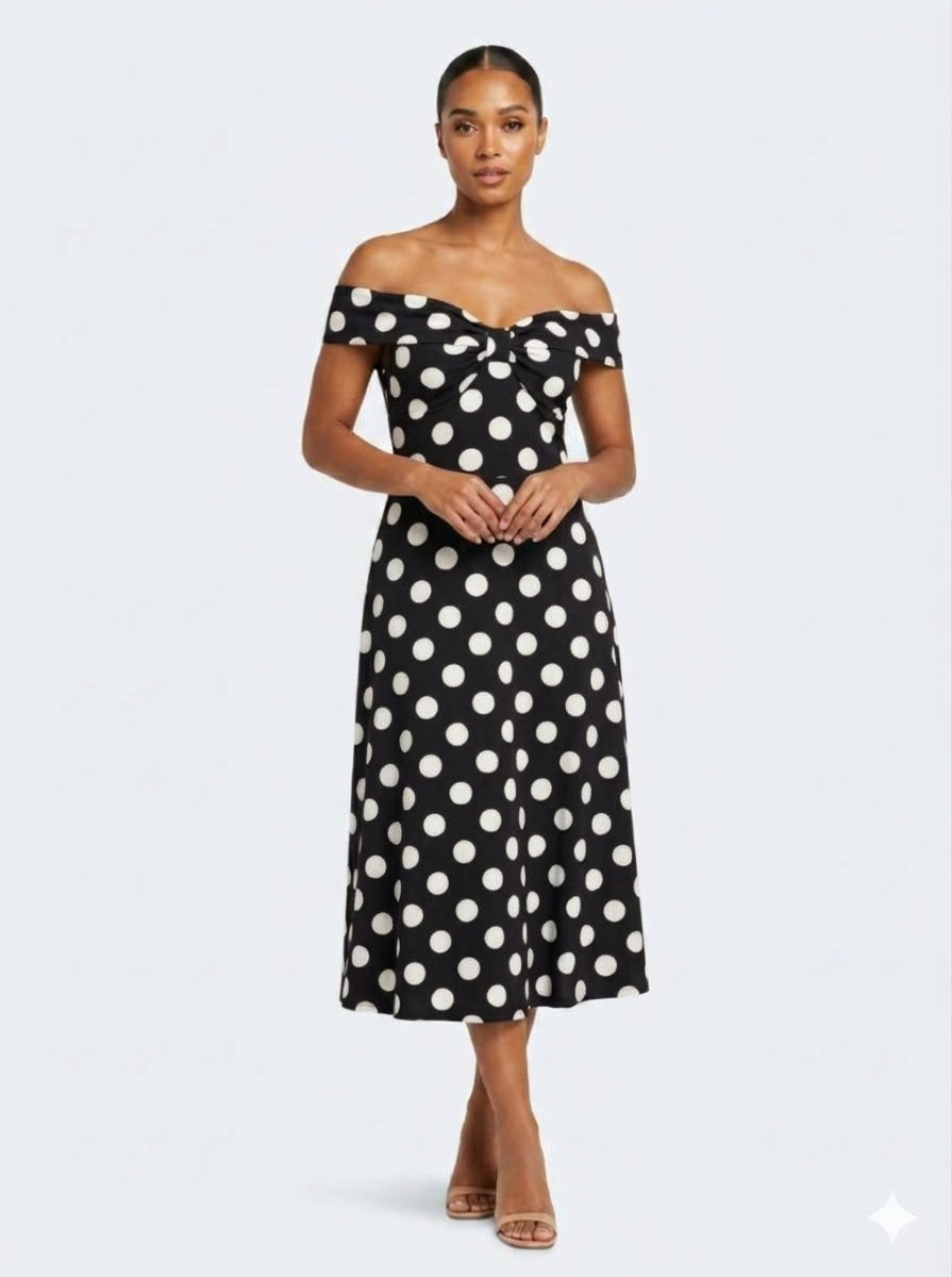 Black Polka Dot Twist Front Midi Dress