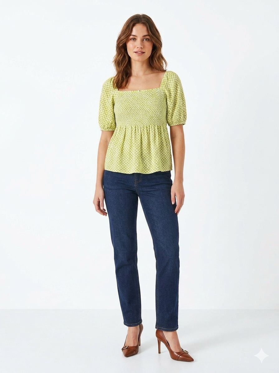 Puff sleeve Shirred Peplum Top