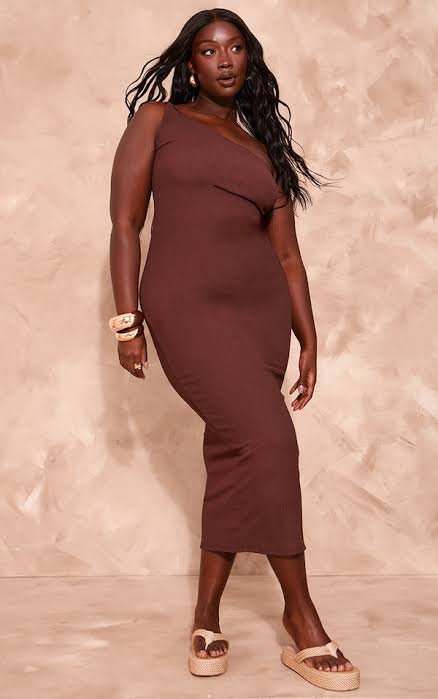 Plus Brown Textured Twist One Shoulder Maxi Dress