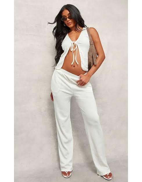 Cream Ribbed Tie Front Waist Coat and Wide Leg Trousers Set