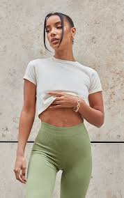 Cream Basic Roll Sleeve Crop Top