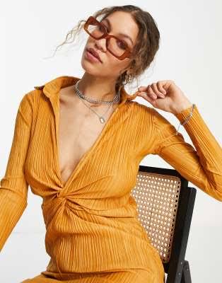 Plisse Wrap Front Long Sleeve Midi Dress in Camel