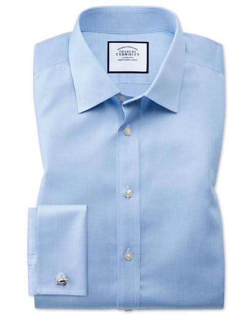 Double Cuff Cutaway Collar Non-Iron Puppytooth Slim Fit Shirt - Sky Blue