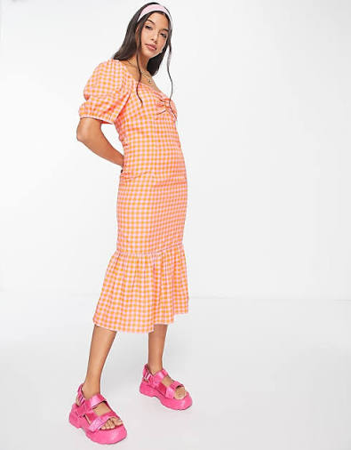 Puff Sleeve Midi Smock Dress With Tiered Skirt in bright gingham