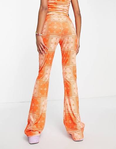 High Waisted Flare Trousers in Orange Bandana co-ord