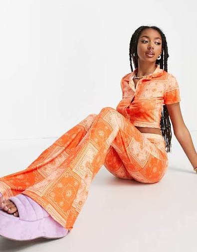 High Waisted Flare Trousers in Orange Bandana co-ord