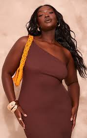 Plus Brown Textured Twist One Shoulder Maxi Dress