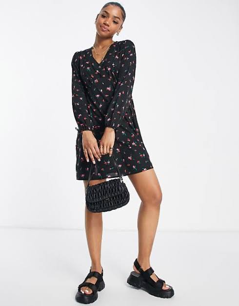 V-Neck Mini Empire Tea Dress in Black Pattern