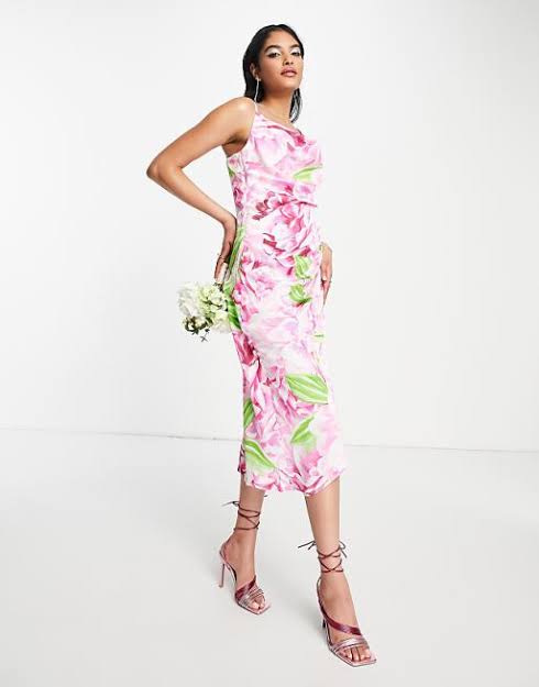 Floral Print Satin Wrap Midi Dress