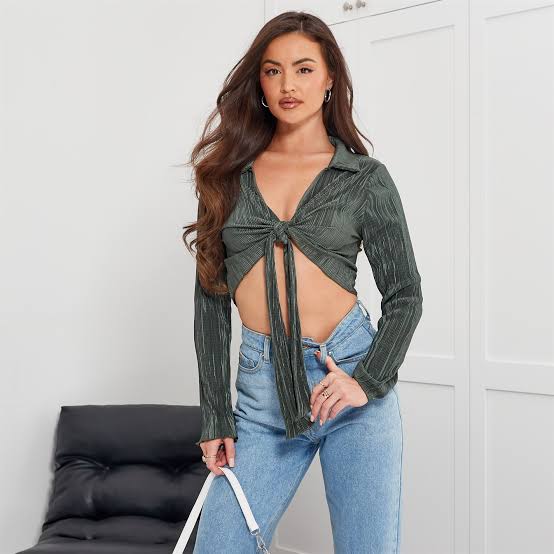 Tie Front Plisse Crop Shirt Khaki