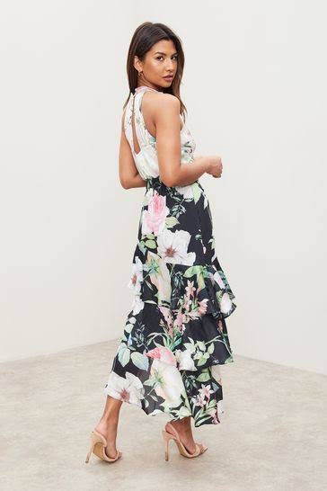 Floral Printed Tiered Halter Midi Dress