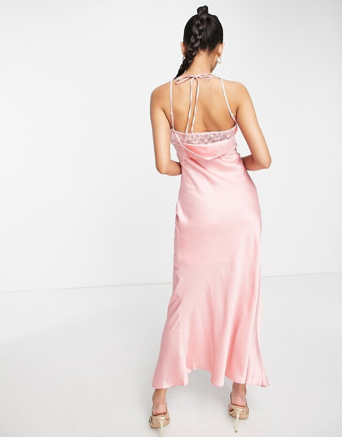 Satin Slip Dress With Ruffle Detail In Soft Rose Pink