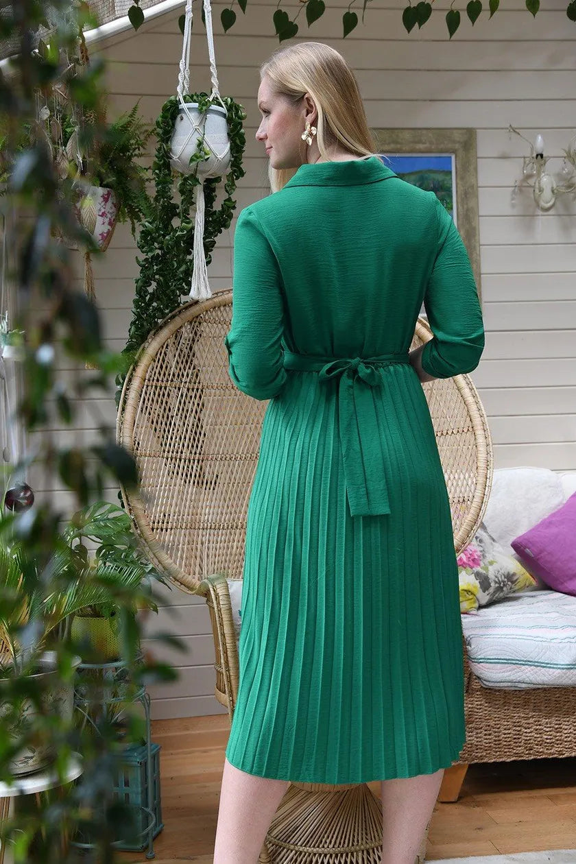 Green Pleated Skirt Midi Dress With Gold Buckle