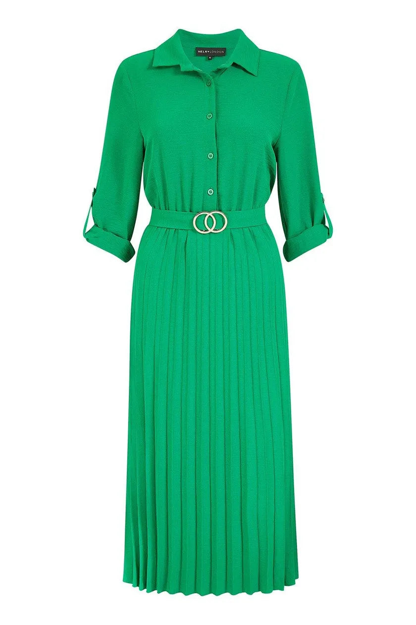 Green Pleated Skirt Midi Dress With Gold Buckle