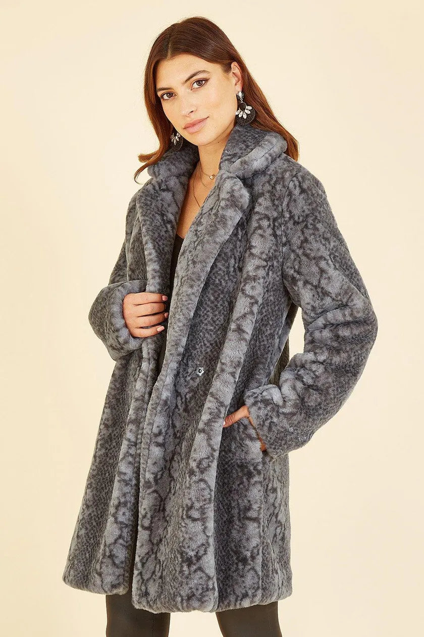 Grey Snakeskin Print Faux Fur Coat