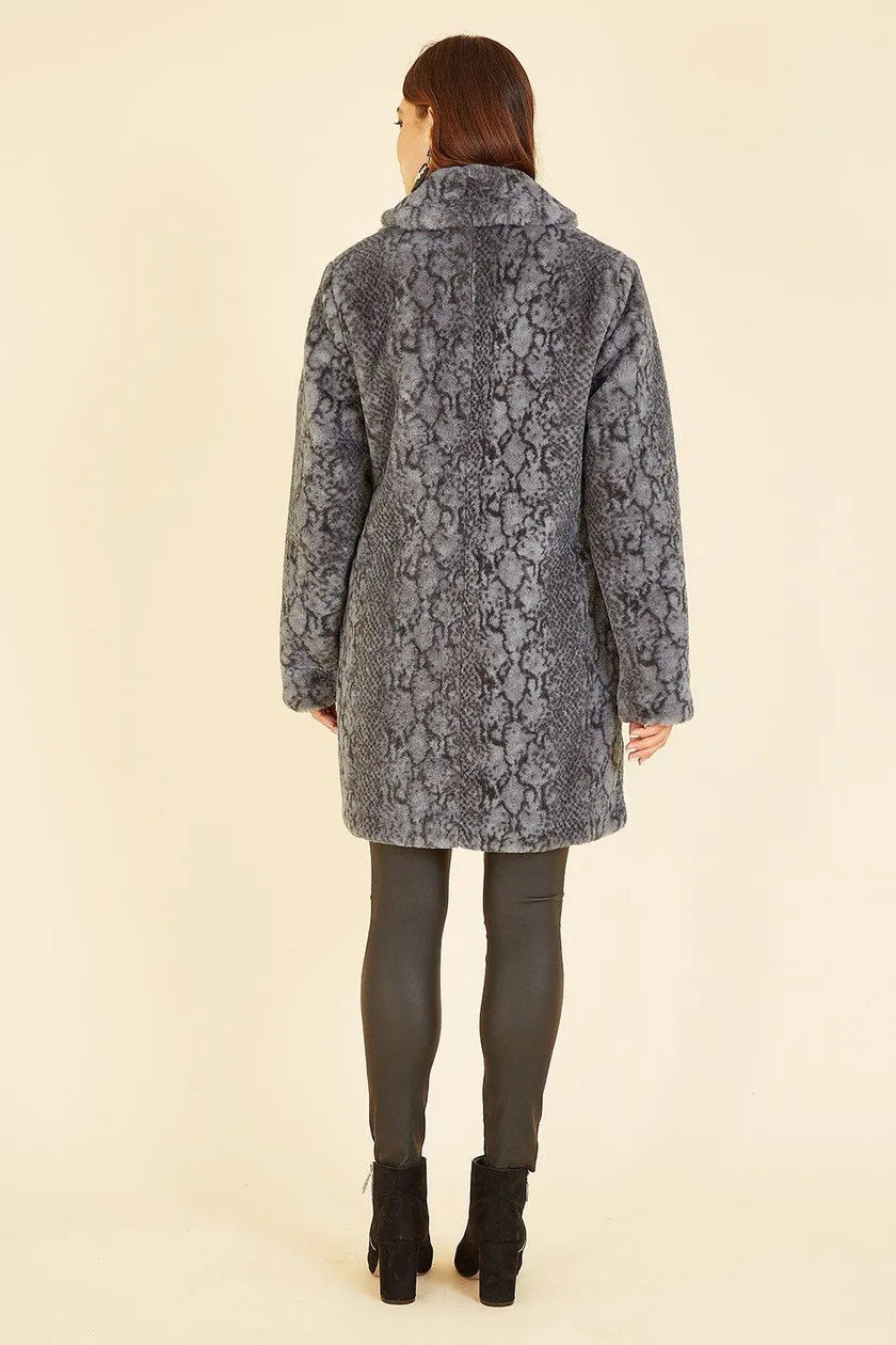 Grey Snakeskin Print Faux Fur Coat