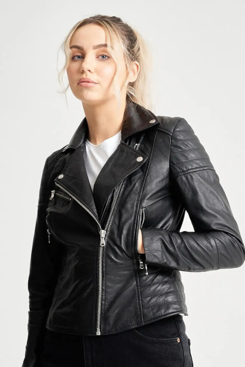 Tall Grain Detailed Clara Leather Biker Jacket