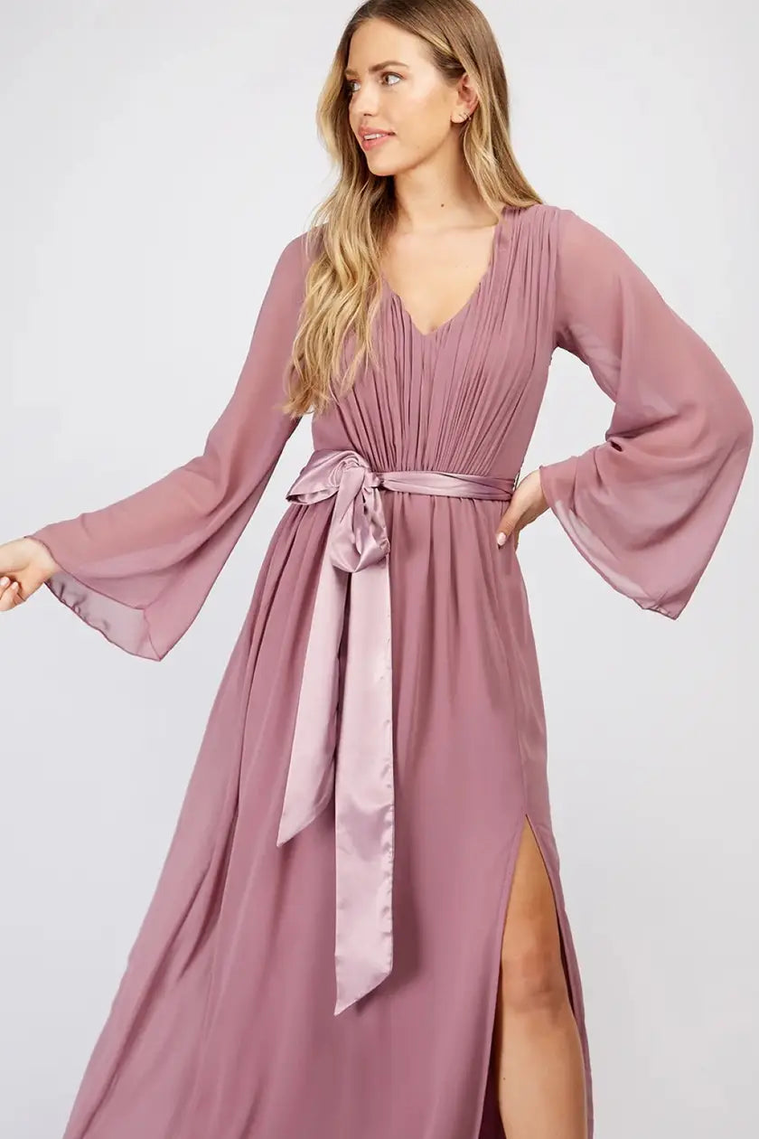 Mauve Plunge Tie Waist Maxi Dress