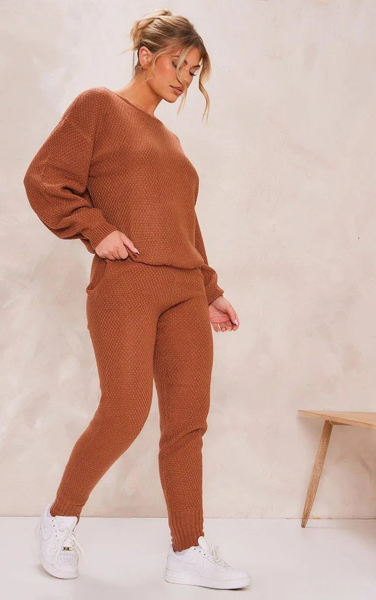 Rust Knitted Waffle Lounge Set