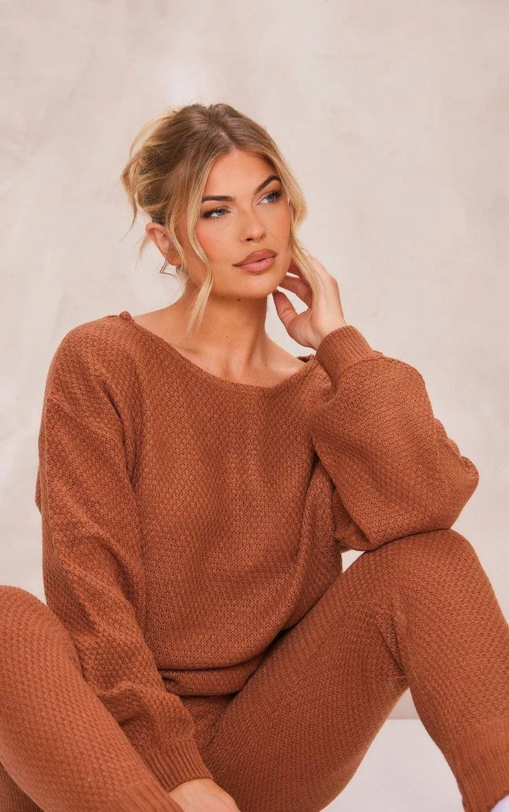 Rust Knitted Waffle Lounge Set