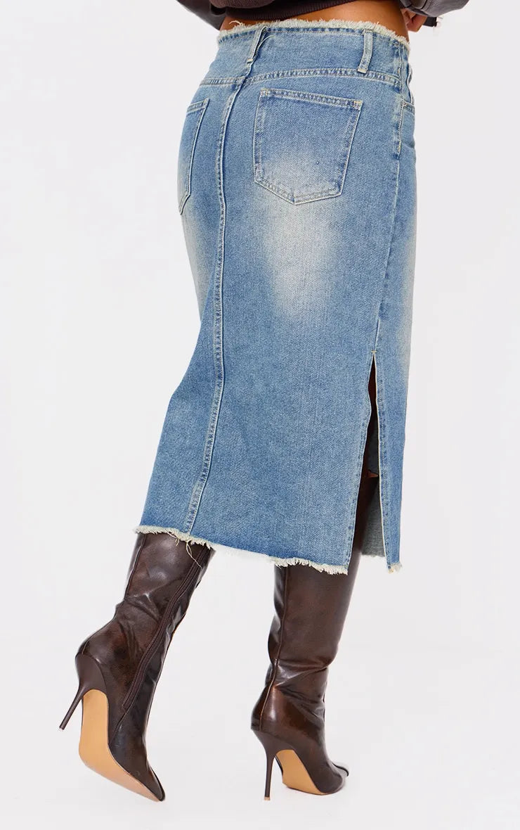 Vintage Wash Side Split Raw Hem Denim Midi Skirt