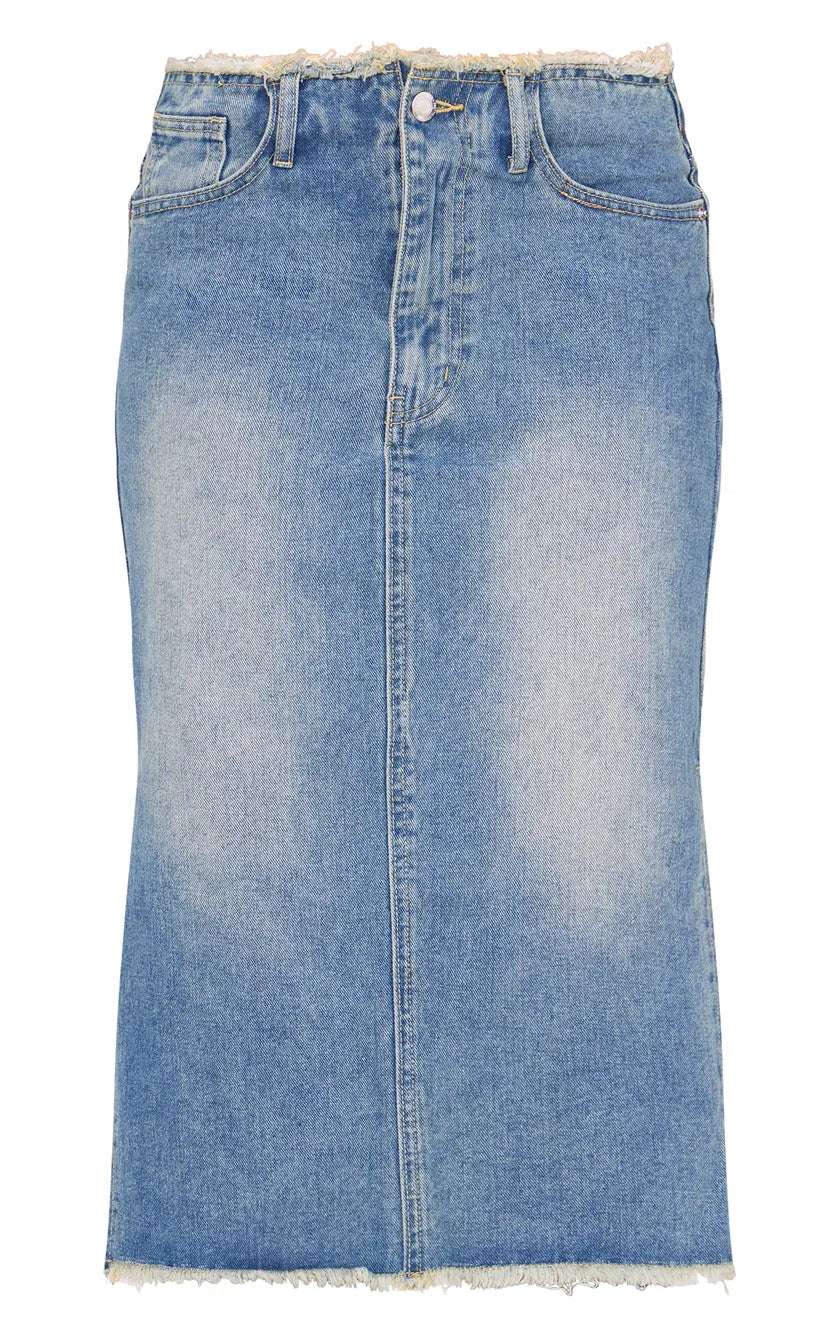 Vintage Wash Side Split Raw Hem Denim Midi Skirt