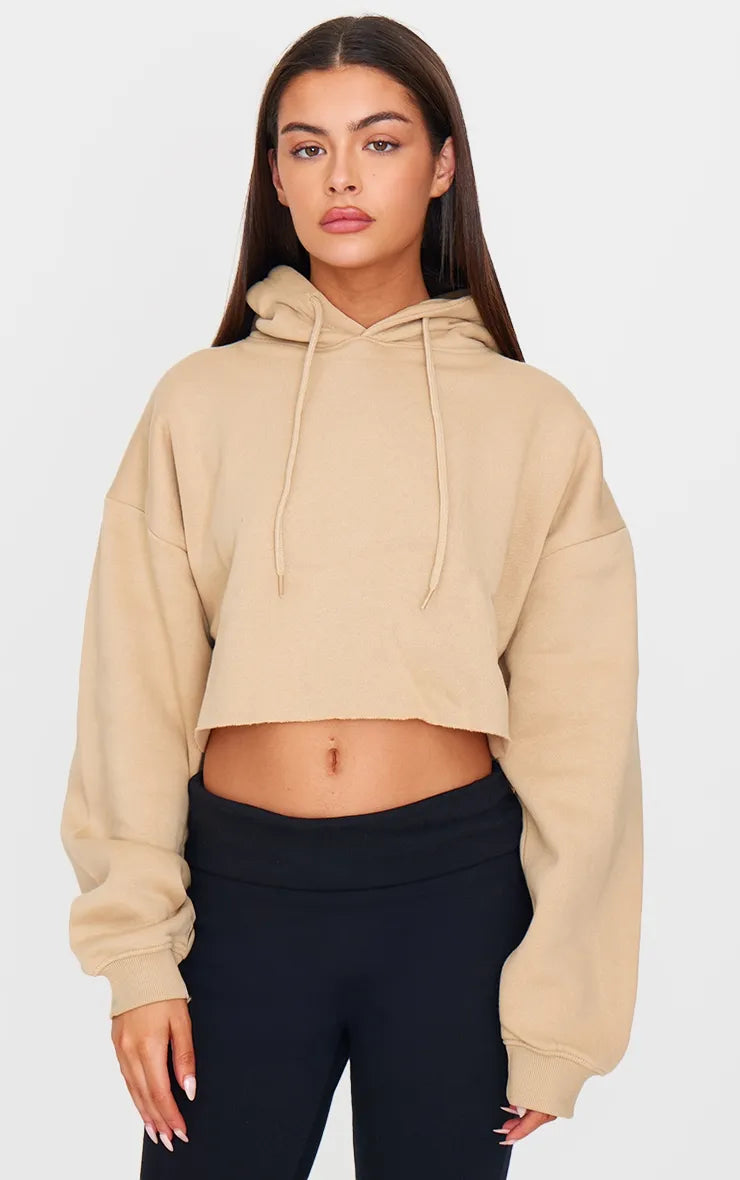 Sand Oversized Fit Cropped Sweat Hoodie