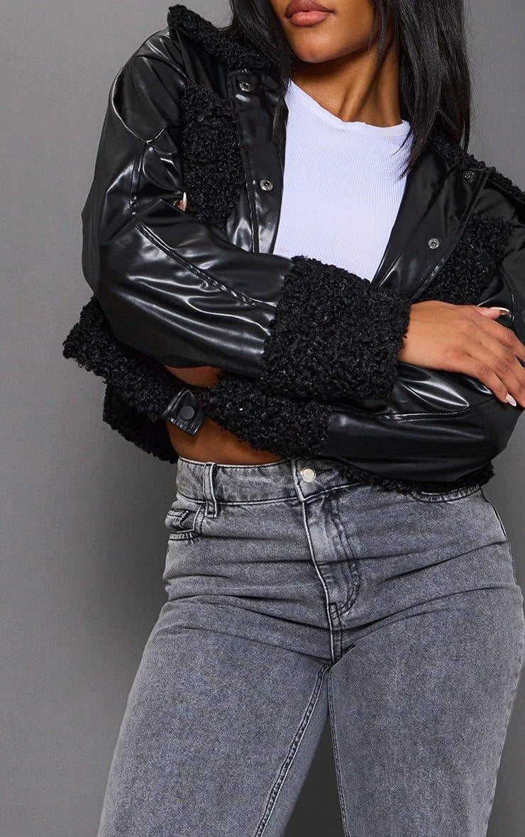 Black Borg Pocket Front Faux Leather Cropped Coat