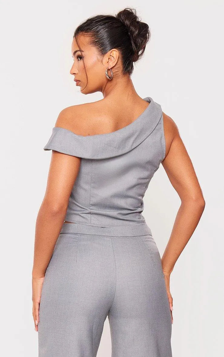 Light Grey Woven Asymmetric Button Up Tailored Top