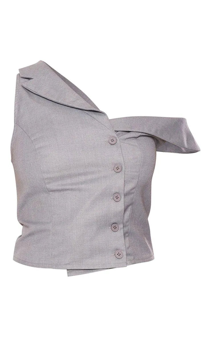Light Grey Woven Asymmetric Button Up Tailored Top