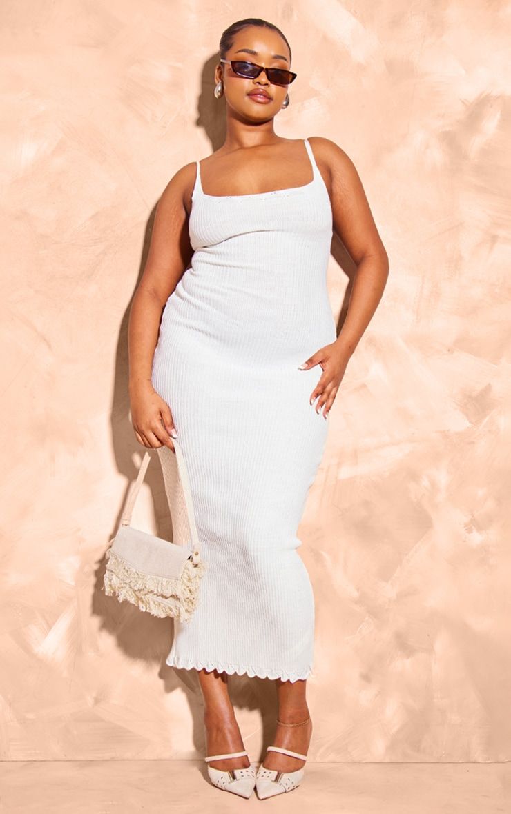 Plus Cream Knitted Ribbed Edge Detail Midi Dress