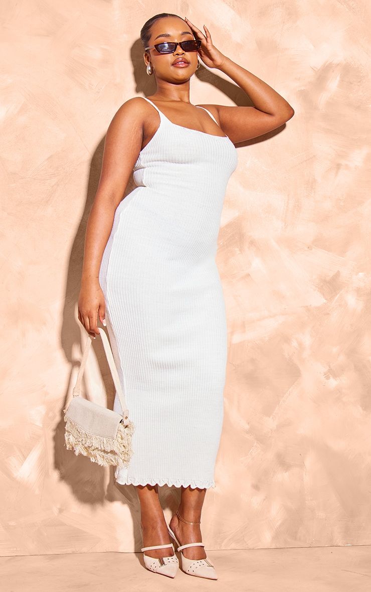 Plus Cream Knitted Ribbed Edge Detail Midi Dress